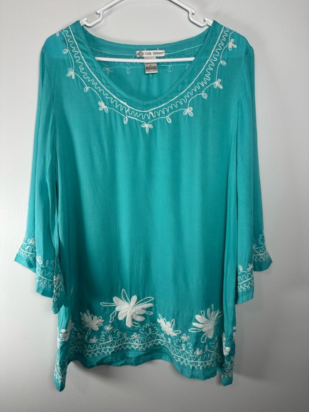 Teal Embroidered Women's Tunic Top size small oversized Boho